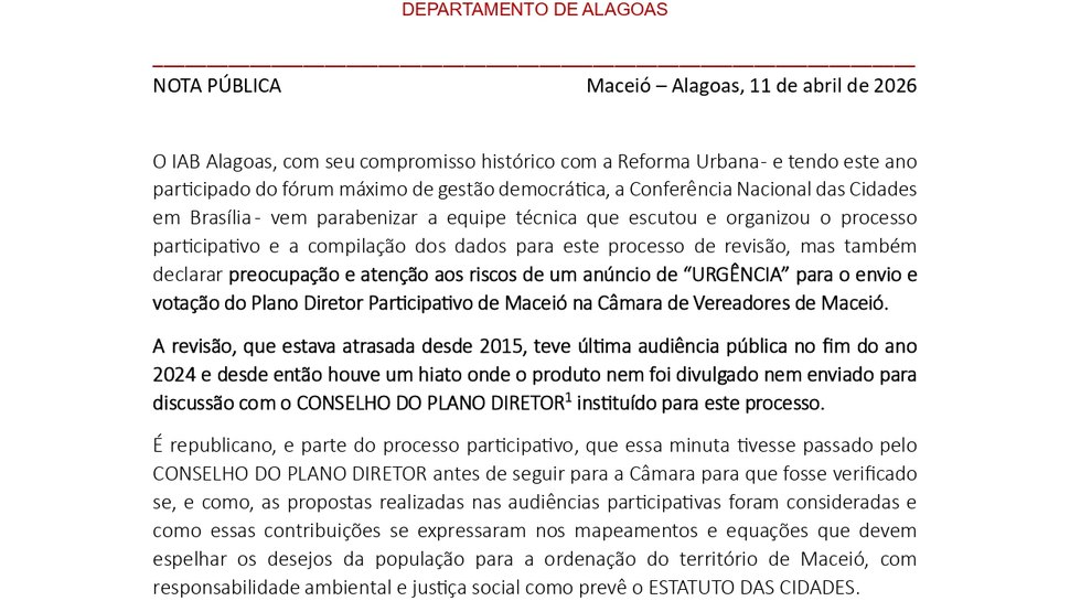 IAB Apresenta Nota sobre o Futuro do Plano Diretor de Maceió IAB Apresenta Nota sobre o Futuro do Plano Diretor de Maceió