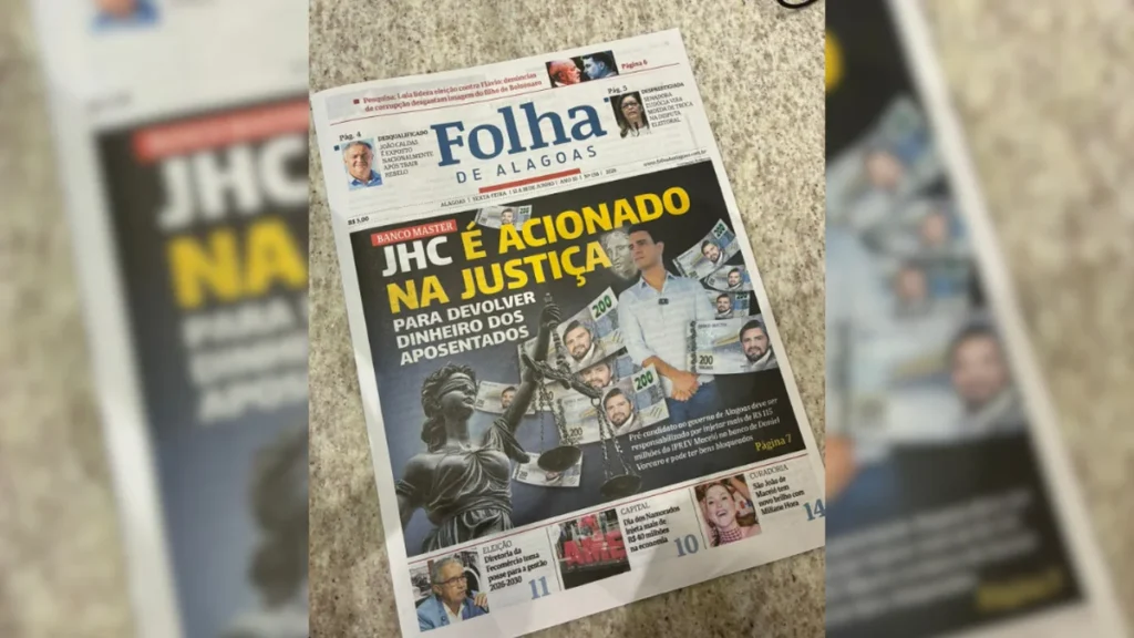 Justiça de Alagoas determina censura à Folha de Alagoas por associação de JHC ao Caso Master